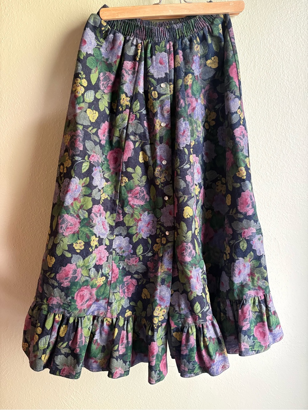 Floral Ruffle Hem Midi Skirt - Navy with Pink & Green Floral - Picture 2 of 5